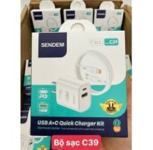 Bộ sạc iphone 13 bộ sạc Sendem C39 ( Type C to Lightning)  sạc nhanh PD20W ( cốc sạc củ dẹt gồm 2 cổng USB A + C   PD20W + QC3.0) có VAT