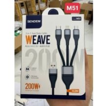 Cáp 3 đầu Sendem M51 ( Micro + Type C + Lightning - USB) dây dù dài 1.2m;  sạc  nhanh 200W có VAT