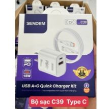 Bộ sạc 2 đầu Type C bộ sạc Sendem C39 ( Type C to Type C) , sạc nhanh PD20W + QC3.0 ( Cốc sạc 2 cổng USB A + C) có VAT